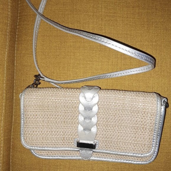 Cole Haan Handbags - Cole Haan Izzy Straw and Silver Gray Leather Shoulder Bag Purse
